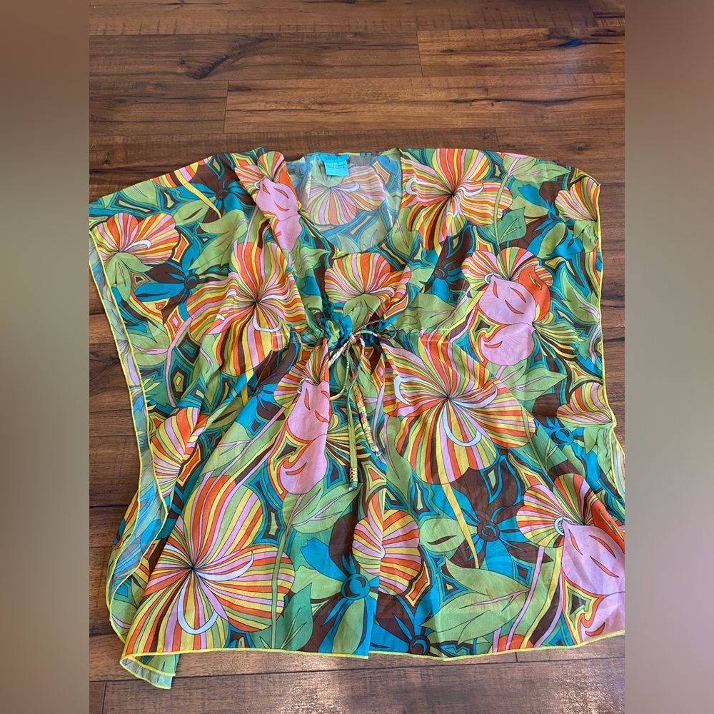 Letarte Swimsuit Coverup Sz M Sheer Colorful Tie Waist Hand Made In USA Tropical